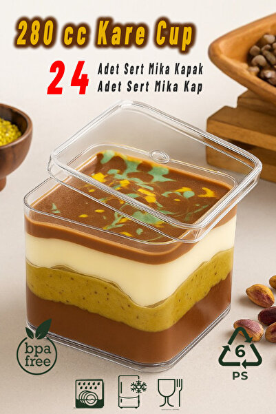 Ezupack 24'lü Kare Tiramisu Cup 280cc Mika Kase Plastik Şeffaf Kapaklı Sunum ...