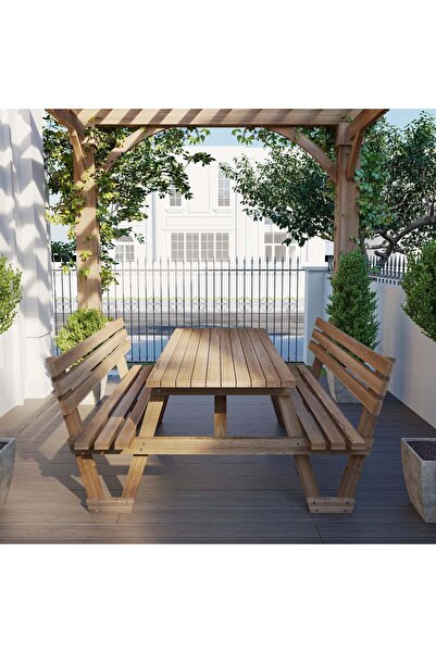 RENAZZO Sırt Destekli Fındık Renk Ahşap Piknik Masası  8 Kişilik