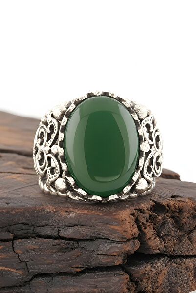 Takıdepo Yeşil Akik Taşlı El Işi Gümüş Yüzük