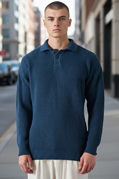 İLKCET MODA Pulover oversize cu trei nasturi, cu guler, indigo, cu textura twill