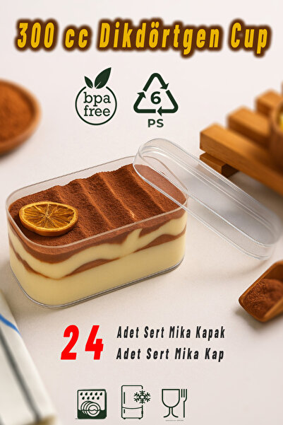 Ezupack 24'lü Tiramisu Cup 300 cc Mika Kase Plastik Şeffaf Kapaklı Sunum Kabı...