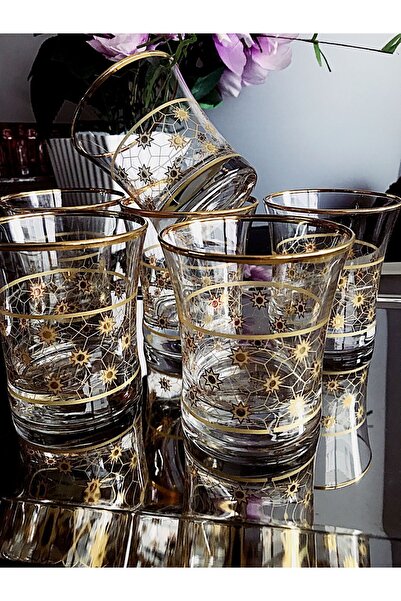 DECOSTYLE Star Gold Gold-Plated Stylish Water Glass Set 6 Pieces – Crystal-Looking Glass Cups