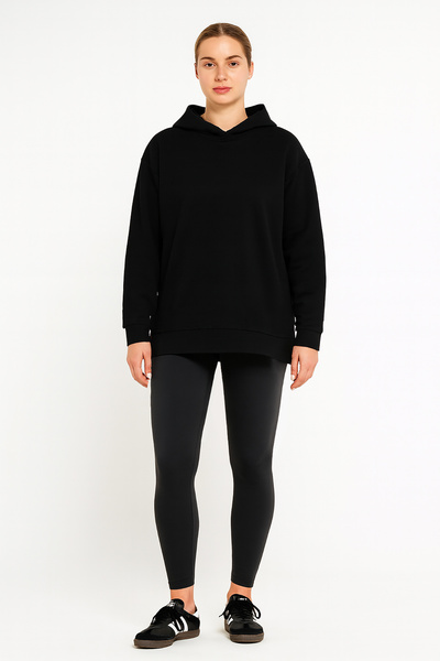 Cottonland Women's Eleni Relaxed Fit Slit Hooded Sweatshirt Black