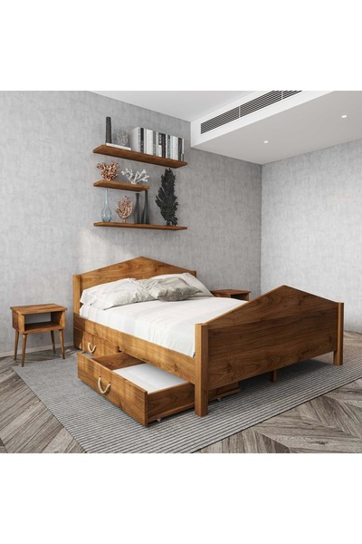 RENAZZO Milano Model İki Çekmeceli Ceviz Renk Çam Ahşap Karyola Ve İki Komodi...