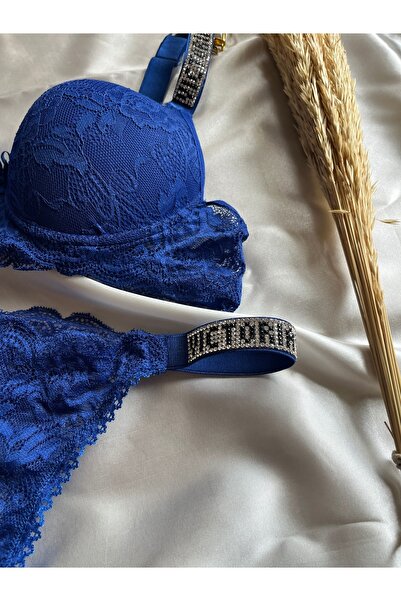 NİVENE Stone Detailed Lace Push Up Черен сутиен и шнур - Комплект бельо с подплата и подплата