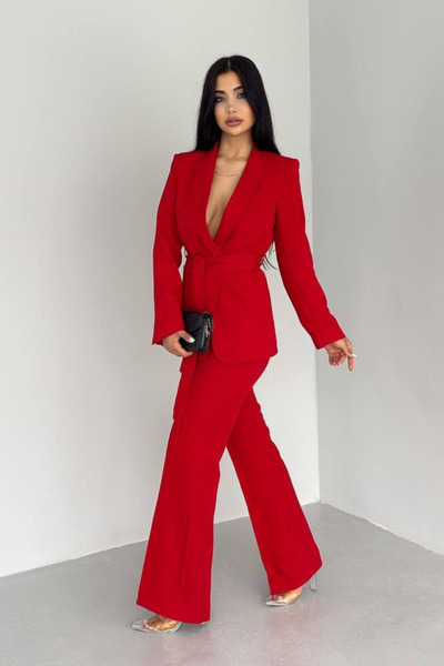 AKD Atelier Women's double belted blazer jacket pants set