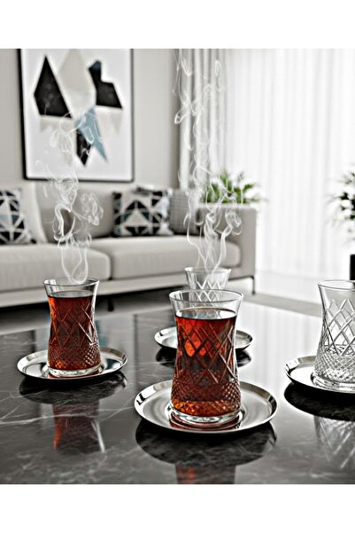 DECOSTYLE Pasabahce Ella Cut Decor Steel Plate Tea Set-6 Person 12 Pieces