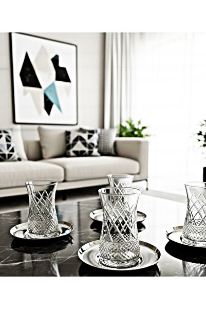 DECOSTYLE Pasabahce Ella Cut Decor Steel Plate Tea Set-6 Person 12 Pieces