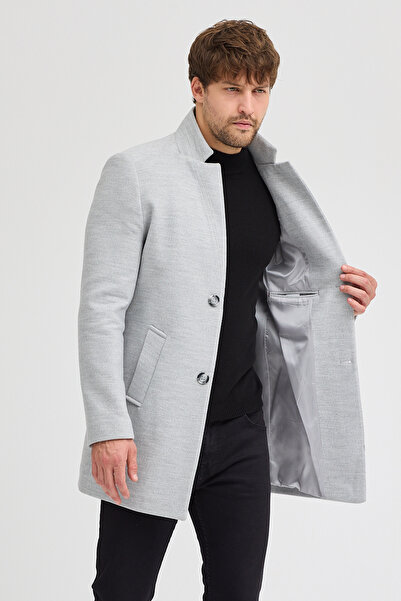 MODAMESTO Erkek Gri Slim Fit Dik Yaka Kaşe Kaban