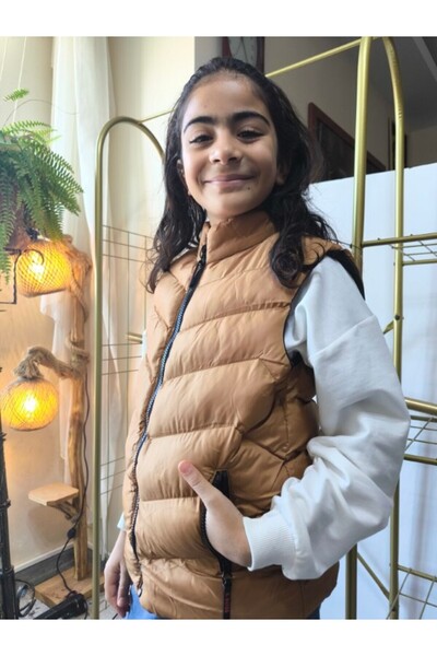 Şimo Butik Girls-Boys Inflatable Vest with Lining, Zippered Pockets, Water-Repellent, Windbreaker, Heat Insulated, Bronze Tan