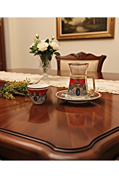 DECOSTYLE 6 Piece Tea Set with Baroque Red Patterned Porcelain Plates
