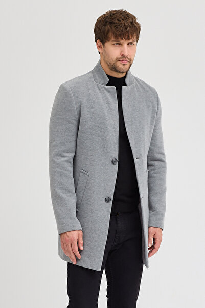 MODAMESTO Erkek Füme Slim Fit Dik Yaka Kaşe Kaban