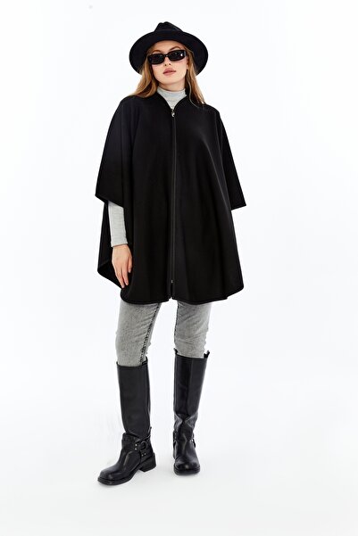 panşalço Hakim Collar Zippered Knitwear Poncho, Steel Knit, Black, Size 40-50, 83X120 Cm,