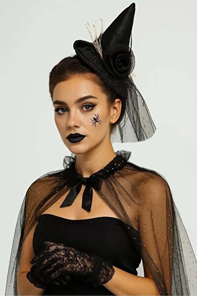 DODOMAR Halloween Cadılar Bayramı Taç Mini Cadı Şapkalı Tüllü Güllü Siyah