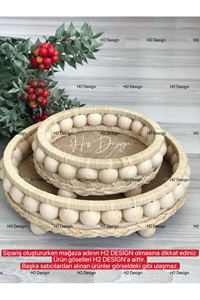 H2 Design Ahşap Boncuklu Doğal Rafya Tepsi 19 Ve 16 Cm