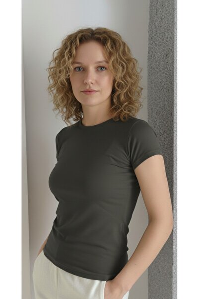 moda felinya Women's Short Sleeve Circular Neck Khaki Body (Antrasit Khaki Is Another Color)