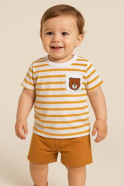 dinamik çocuk Baby Boy Striped Pocket Teddy Bear 2-Piece Summer Suit Top and ...