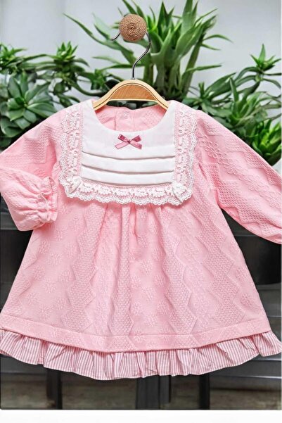 dinamik çocuk Çiçek Nakışlı Dantel Detaylı Fiyonklu Elbise 0-2 yaş Kendinden desenli kumaş