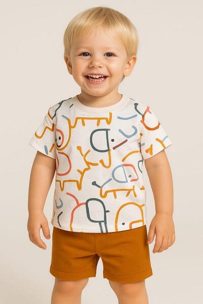 dinamik çocuk Baby Boy Elephant Patterned Colorful Elephant 2-Piece Summer Se...