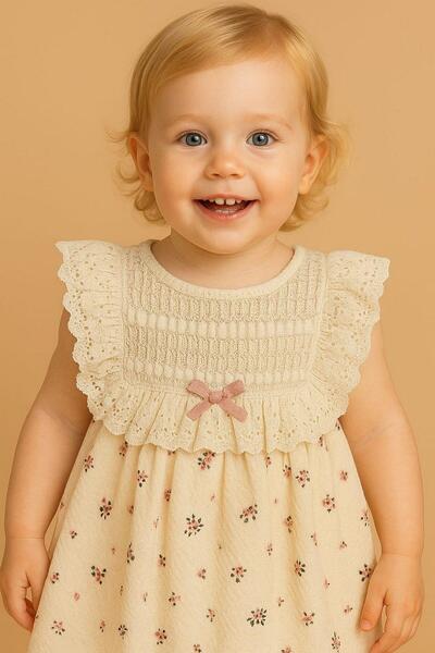 dinamik çocuk Kız Bebek Vintage Zarif Dantel Yaka Detaylı Çiçek Desenli Elbise Yazlık Şık Model 3-6-9-12-18-24ay