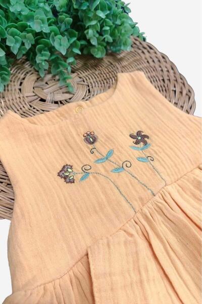 dinamik çocuk %100 Pamuk Kız Bebek/Çocuk Peri Elbise Nakışlı Eteği Parçalı + Külotlu Müslin Organik Takım