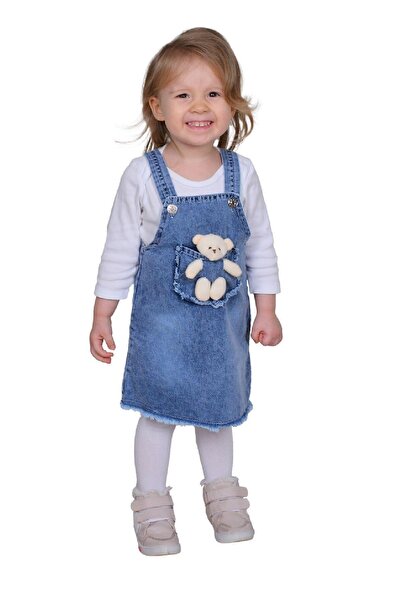 dinamik çocuk Ayıcıklı Denim Kot Jile Elbise Salopet