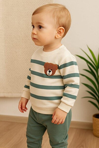 dinamik çocuk Çizgili Punch Ayıcık Omuzdan Çıtçıtlı Bebek Takımı 2li Alt Üst Mevsimlik Aylık 3-6-9-12ay