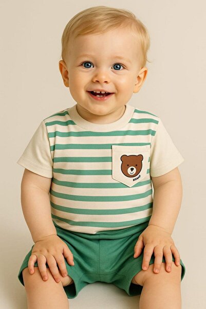 dinamik çocuk Baby Boy Striped Pocket Teddy Bear 2-Piece Summer Suit Top and Bottom 6-9-12Months
