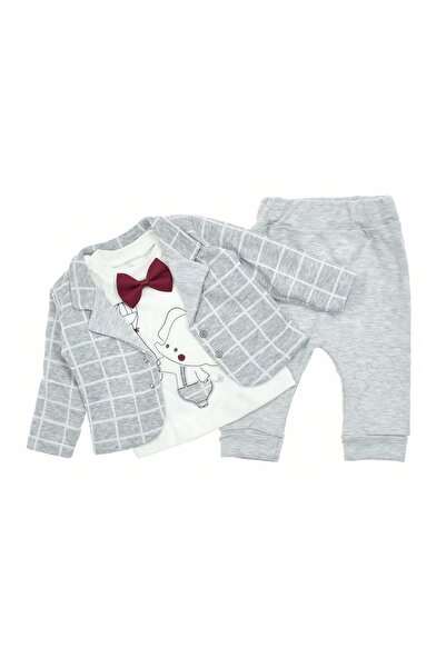 dinamik çocuk Baby Boy Holiday Bow Tie Checkered Jacket Elephant Patterned Bodysuit Newborn 3-Piece Baby Set