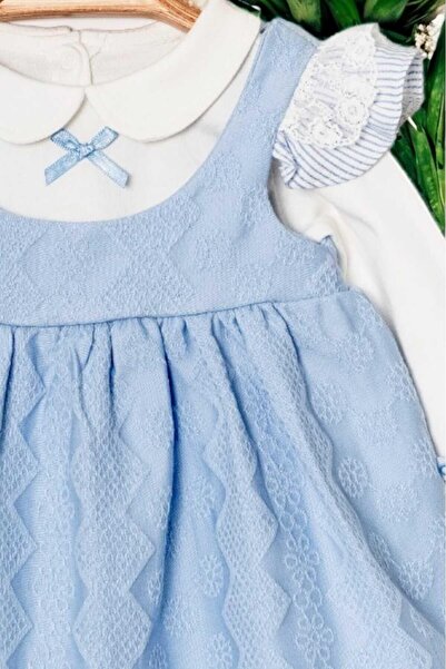 dinamik çocuk Fiyonklu Bebe Yaka Badili Elbise 0-2 yaş Kol detaylı Kendinden desenli Pike kumaş