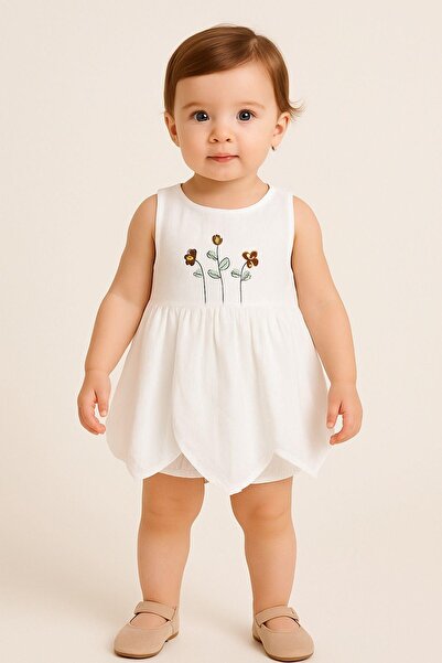 dinamik çocuk %100 Pamuk Kız Bebek/Çocuk Peri Elbise Nakışlı Eteği Parçalı + Külotlu Müslin Organik Takım
