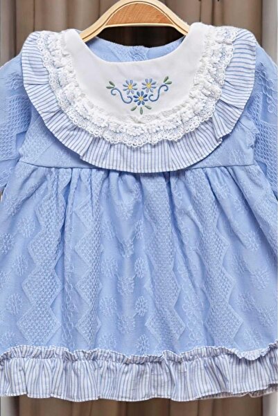 dinamik çocuk Çiçek Nakışlı Dantel Detaylı Elbise 0-2 yaş Kendinden desenli kumaş