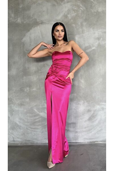 dükkan10butika Γυναικείο βραδινό φόρεμα φούξια με μακρύ σκίσιμο και γραβάτα σ...