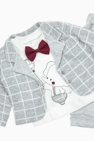 dinamik çocuk Baby Boy Holiday Bow Tie Checkered Jacket Elephant Patterned Bodysuit Newborn 3-Piece Baby Set