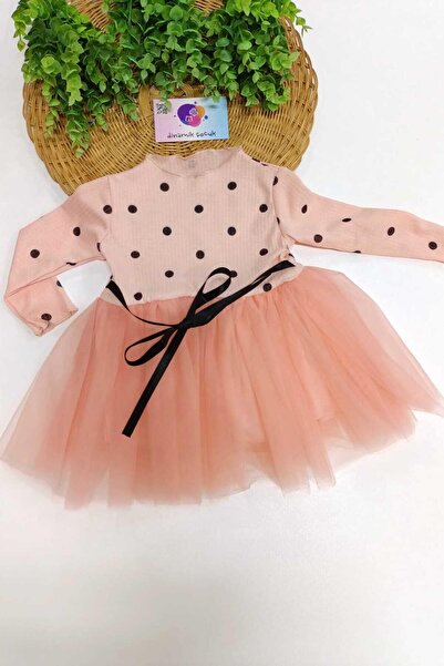 dinamik çocuk Kız Bebek/Çocuk Puantiyeli Tütü Etekli İnce Uzun kollu Elbise D...