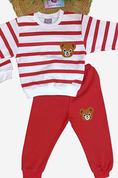 dinamik çocuk 1-9 Years Unisex Kids Set - Teddy Bear Embroidery, 2 Thread Raster, Side Striped Seasonal Bottom and Top Set