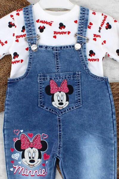dinamik çocuk 1-4yaş Kız Çocuk Minnie Mouse Badili Baskılı Kot Salopet Tulum 2li Takım Ayarlanabilir Askılı