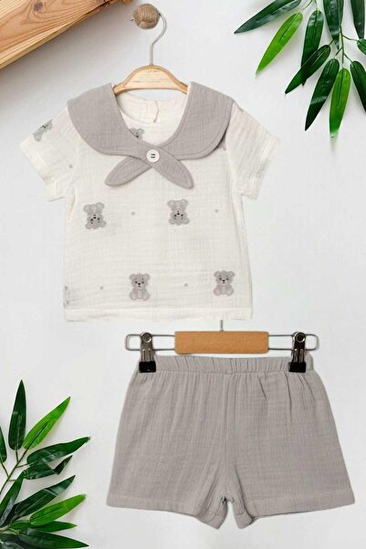 dinamik çocuk Unisex Hunter Collar Teddy Bear Suit for Girls and Boys Summer Bottom Top Monthly