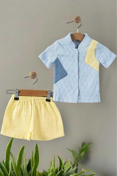 dinamik çocuk Hakim Collar Color Blocked Muslin Shorts Style Top and Bottom 2...