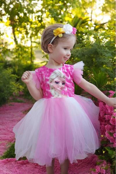 dinamik çocuk Kız Çocuk Taç Hediyeli  Frozen Elsa Prenses Tütülü Elbise Kol Detaylı