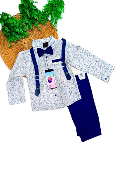 dinamik çocuk طقم للأولاد مكون من 4 قطع مع قميص منقوش بأكمام طويلة وربطة عنق وبنطال بحمالات