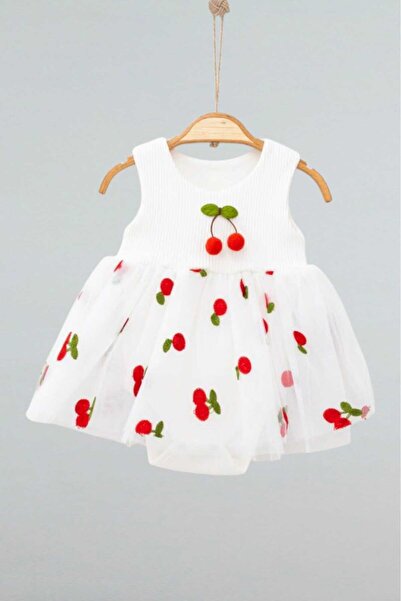 dinamik çocuk Orange Cherry Patterned Tulle Dress Top Ribbed Sleeveless Summer Bottom Snap Body Body for Girls