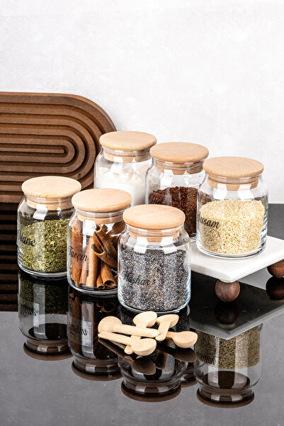 dnshome 6'lı Bambu Kapaklı Kaşıklı Baharatlık Seti Baharat Kaşıklı Şeffaf Eti...