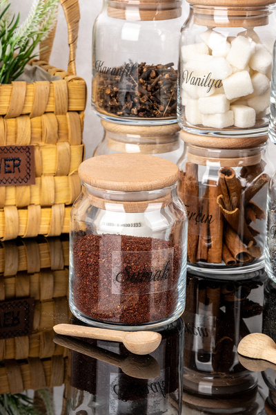 DNS HOME 12-Piece Bamboo Lid Spice Jar Set 12 Storage Containers Jars with Wooden Spoons and Transparent Labels 300 ml