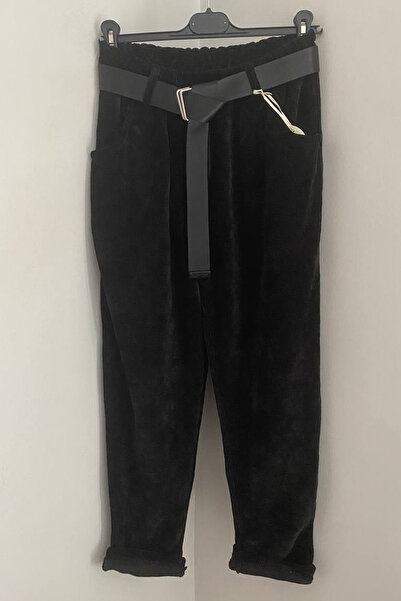 AYASOFYA OTANTIK Women's Italian Black Elastic Waist Pocketed Buckled Belted Casual Velvet Trousers