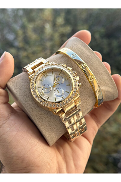 Tulpar Women's Wristwatch with Zircon Stone in Special Box with Bracelet Gift Gold Color