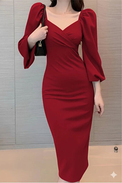 TBL DEKOR Women's Long Sleeve Heart Neck Midi Imported Crepe Dress