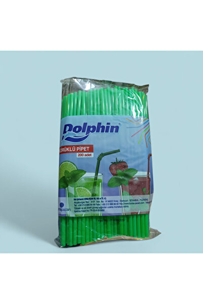 Dolphin İnce,Uzun, Körüklü, Yeşil Renkli,200Lü Pakette Pipet