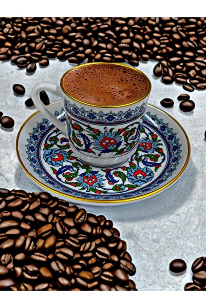 SAMSA طقم فناجين قهوة تركية كلاسيكية من البورسلين بنمط مزخرف، طراز كينار يالدز، يتكون من 6 قطع