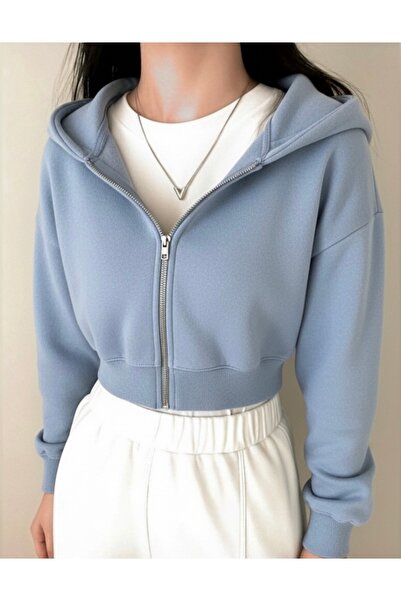 DEZZİİ Blue Zippered Crop Sweatshirt Cardigan
